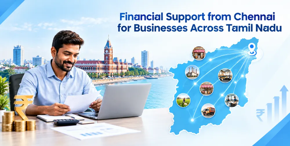 A business professional reviewing financial documents beside a laptop, with Chennai landmarks and a Tamil Nadu map highlighting connected business sectors and financial support across the state.